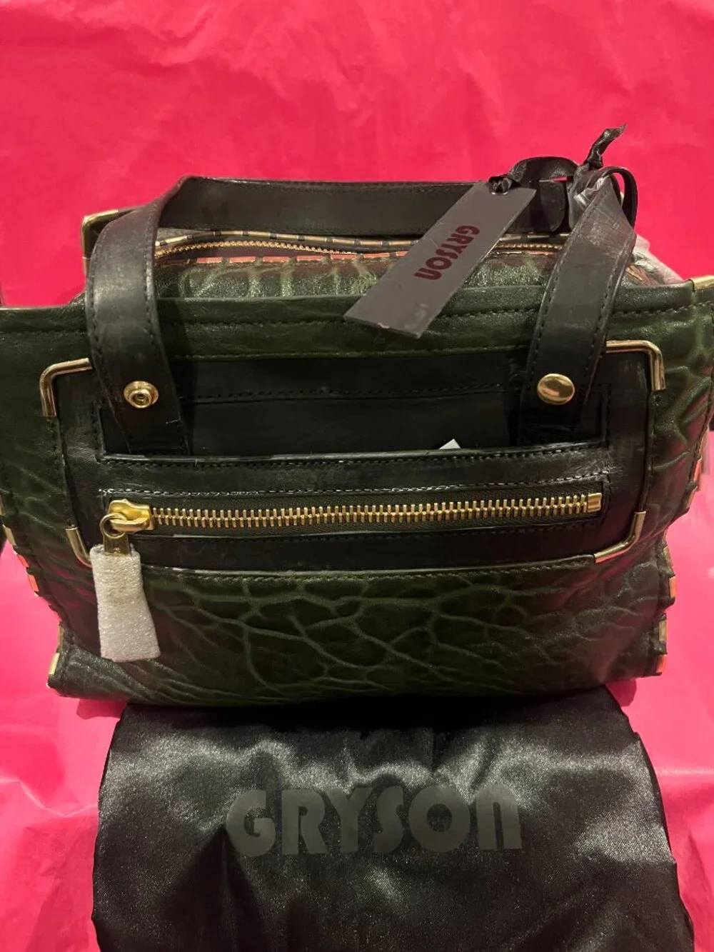 🔥 NWT Gryson Theodora Textured Lambskin Satchel Green Brown Y2K Deadstock 🔥